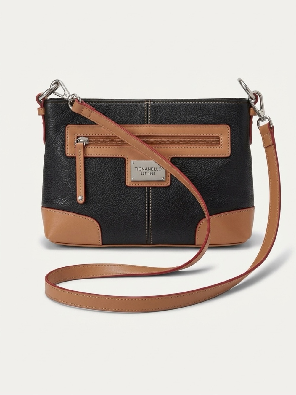 Tignanello Black and Brown Pebbled Leather Crossbody with Tan Accents